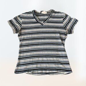 y2k 2000s double fault v neck striped blue and black and white tee Women M
